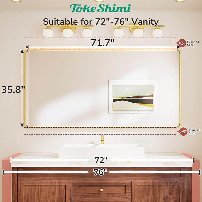 TokeShimi 72x36 Brushed Gold Bathroom Mirror, Tempered Glass, Bathroom Wall