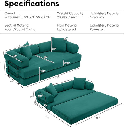 Convertible Sleeper Sofa Bed, Folding Floor Sofa Bed with Fixed-Shape Frame, Corduroy Floor Sleeper Sofa with Storage Pocket, Futon Boneless Sofa Couch for Living Room, Emerald Green