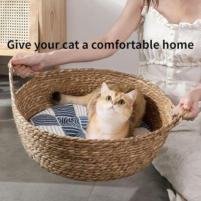 Cat Bed, Straw Woven Cat Baskets Bed, Round Wicker Cat Basket Nest, Non-Slip Cozy Kitten Bed for Cats Small Dog (Only Nest,Medium)