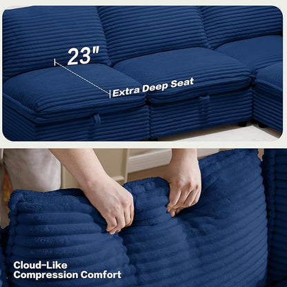 FIRLZY 92" Modular Sectional 4 Seater Sofa with Removable Covers and Storage, Convertible L-Shaped and Sleeper Sectional, Modern Corduroy Couches with Ottoman Chaise for Living Room, Apartment, Blue