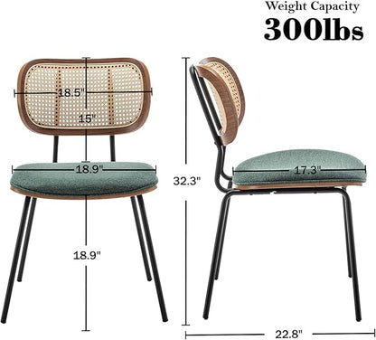 HOCEWI Rattan Dining Chairs Set of 4, Christmas Chair Mid Century Modern Dining Chairs with Cane Back for Kitchen Dining Room, 19 Inch Fabric Green