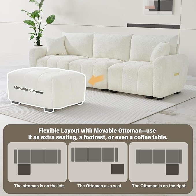 110" L Shaped Modern Boucle Sofa Modular Sectional Cloud Couch with Ottoman, Tufted 4-Seat Deep Seat Sofa with Pillows for Living Room, Bedroom and Apartment, Beige White