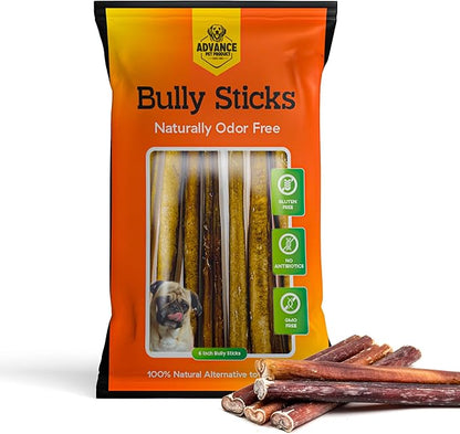 Advance Pet Products 6 Inch Bully Sticks (Pack of 10) - 100% Beef, Odor Free Dog Chews for Aggressive Chewers - Long Lasting, Gluten-Free, Easy to Digest, High Protein & Rawhide Free Chews for Dogs