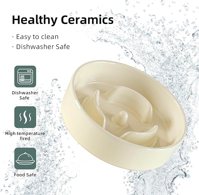 Ceramic 0.9 Cup Raised Dog Slow Feeder Set, Elevated Bowl