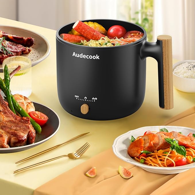 Audecook Hot Pot Electric with Steamer, 1.8L Portable Mini Travel Cooker