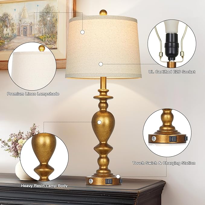 28" Farmhouse Table Lamps Set of 2 with USB C+A Ports & AC Outlet for Vintage Living Room Retro Bedroom,3-Way Dimmable Touch Lamp Resin Bedside Lamps for Nightstand Side End Table, Brass