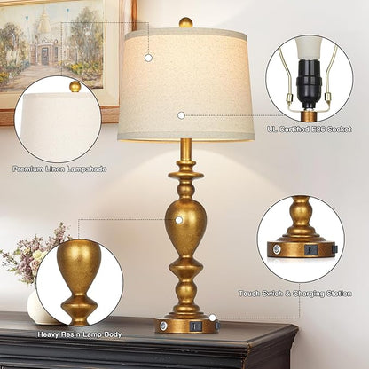 28" Farmhouse Table Lamps Set of 2 with USB C+A Ports & AC Outlet for Vintage Living Room Retro Bedroom,3-Way Dimmable Touch Lamp Resin Bedside Lamps for Nightstand Side End Table, Brass