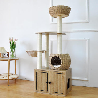 56.7" Tall Rattan Cat Tree for Indoor Cats, Multi-Level Wooden Cat Tower with Scratching Posts, Large Cat Climbing Furniture with Perches