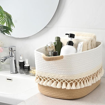6 Pack Storage Basket for Shelves, Boho Cotton Rope Storage Bins with Heavy Tassel, Shelf Baskets Large Woven Baskets for Organizing, Cube Organizer Bins, Baby Laundry Basket for Clothes, Toys, Pets