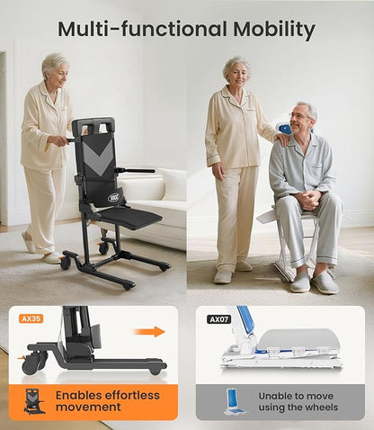 VOCIC Movable Electric Chair Lift with 4 Wheels, Portable Rolling Chair Lift with T-Stabilized Base, Short-Distance Transport, Help Stand from Floor for Seniors, Supports 350 LBS, AX35