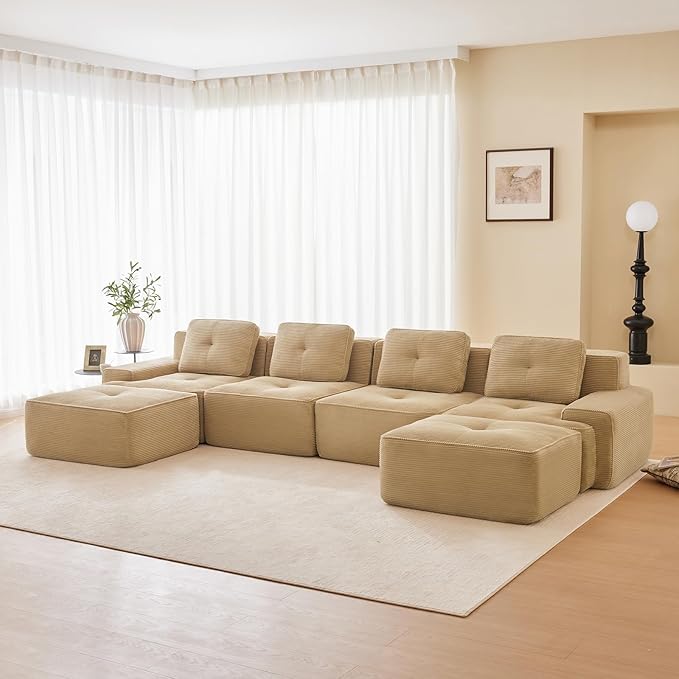 150" Modern Corduroy Cloud Sofa with Ottoman, U Shaped Boneless Modular Large Sectional Couches for Living Room, Camel 4 Seater Compressed Memory Foam Couch, Extra Deep Seat, No Assembly