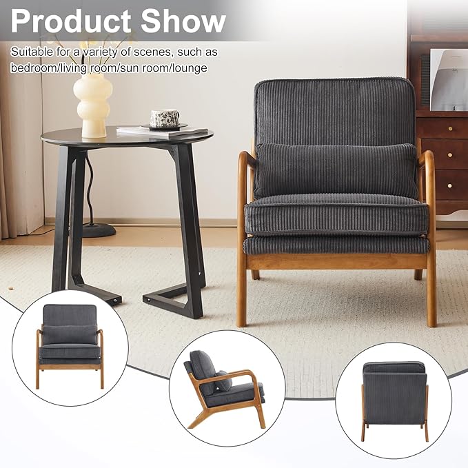 Karl home Mid-Century Modern Accent Chair, Living Room Chairs with Pillow Corduroy Upholstered Lounge Armchair with Solid Wood Frame & Soft Cushion for Bedroom, Reading Room, Dark Gray