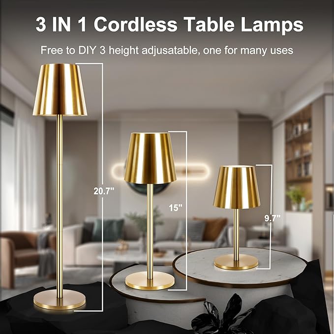 2 Pack Gold Cordless Table Lamp Rechargeable, Metal Small Bedside Table Lamp with 3 Adjustable Pole, 5400mAh Battery Operated Touch Lamp for Bedroom Kitchen Dining Waterproof & Portable