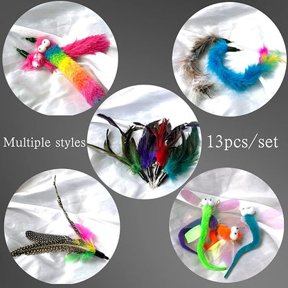 Cat Worm & Dragonfly Teaser Wand Attachments - 13 Pcs Assorted Refills with Bell