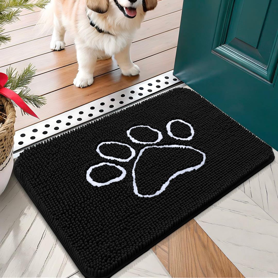 OLANLY Door Mat for Muddy Dog Paws 24x16, Ultra Absorbent Chenille Mud Doormat with Paw Print Design, Non-Slip Washable Doormat for Indoor Entryway, Quick-Dry Pet Bed Mats for Dirty Dogs, Black