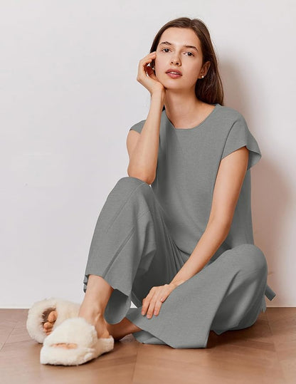 Ekouaer Lounge Sets for Women Two Piece Outfits Knit Cap Sleeve Tops Wide Leg Pleated Pants Casual Dressy Sweater Sets