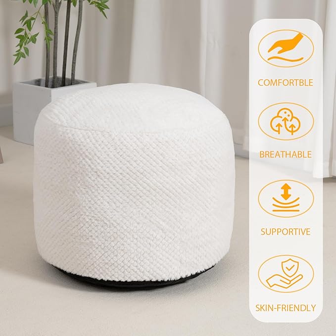 Round Stuffed Pouf Ottoman for Foot Rest, Faux Fur Poufs with Foam Chunk Filling, Storage Ottoman Pouf Foot Stool Cushion, 20 X 15 Inch Floor Chair for Living Room Bedroom Home Decor, White
