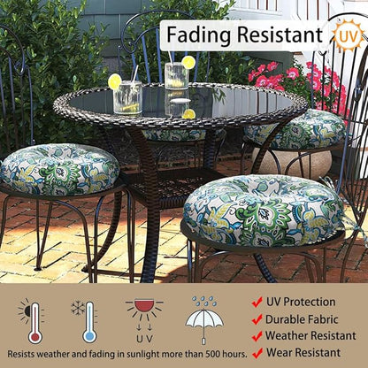 Magpie Fabrics Outdoor Round Bistro Seat Cushions with Ties, 15"x15"x4" Set of 2, Tufted Waterproof Barstool Chair Pads for Patio Home Garden Office, Floral Blue Green