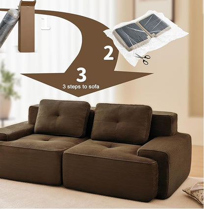 80" Modern Corduroy Boneless Love Seat Couches, 2 Seater Large Sectional Couches for Living Room, Brown Cloud Modular Sectional Sofa, Memory Foam, Extra Deep Loveseat, No Assembly