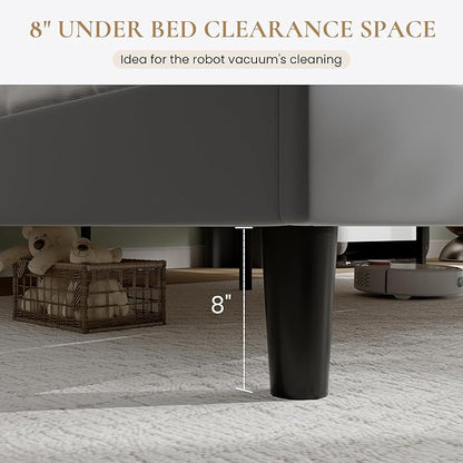 SHA CERLIN Queen Size Platform Bed Frame with Charging Station, Velvet Wingback Headboard with Storage Shelf, Wooden Slats Support, Ample Under-Bed Space, No Box Spring Needed, Easy Assembly, Grey