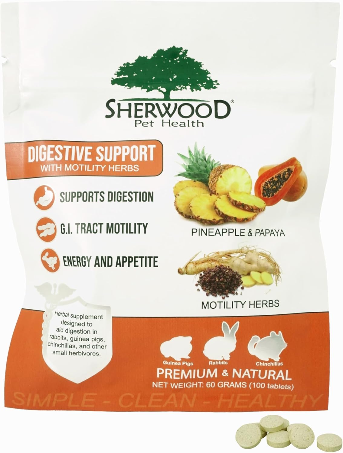 Digestive Support, Papaya by Sherwood Pet Health (100 Tablets - 60 Grams). Contains Natural Motility Herbs That Regulate The Digestive Tract, Improve The Gut microbiome and Stimulate The Appetite.
