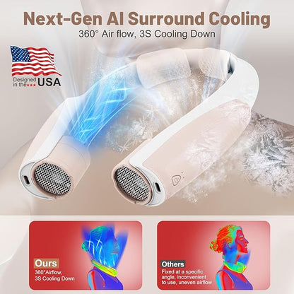 AI Portable Neck Fan with 6 Powerful Speeds, 8000mAh Battery Operated USB-C