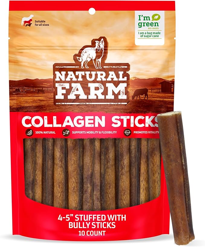 Natural Farm Bully Sticks Stuffed Collagen Sticks for Dogs (4-5 Inch, 10-Pack), Rawhide-Free, Natural Dog Chews, Long Lasting, Small, Medium and Large Dogs, Great Rawhide Alternative