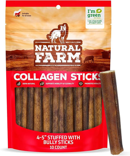Natural Farm Bully Sticks Stuffed Collagen Sticks for Dogs (4-5 Inch, 10-Pack), Rawhide-Free, Natural Dog Chews, Long Lasting, Small, Medium and Large Dogs, Great Rawhide Alternative
