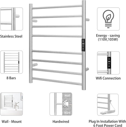 KEG Smart WiFi Towel Warmer Wall Mounted with Built-in Timer and Temperature Adjust Control, 8 Bars Electric Stainless Steel Heated Towel Racks for Bathroom Brushed Nickel