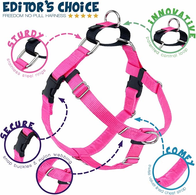 2 Hounds Design Freedom No Pull Dog Harness, Adjustable Harness and Leash Set, Easy Walking & Comfortable Control, Fits Small, Medium & Large Dogs, Solid Colors, Made in USA, 5/8" XS, Hot Pink