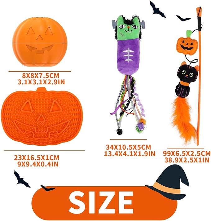 All for Paws Halloween Cat Gift Set – 4 Pack Cat Toys for Indoor Cats, Treat Dispenser, Lick Mat, Kicker & Wand