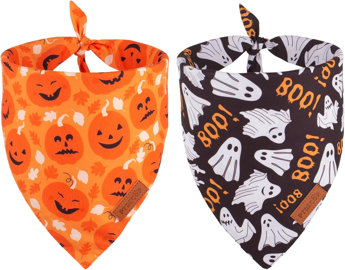 PTDECOR Halloween Dog Bandana, Reversible Holiday Pet Scarf, Multi Size, Triangle Puppy Halloween Bandanas for Extra Large Dogs Pets (Black & Orange, X-Large)