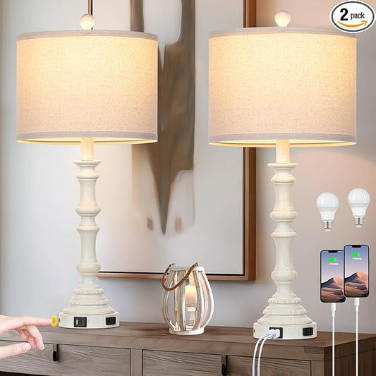 27.5" Farmhouse Table Lamps Set of 2 with USB C+A Ports & AC Outlet for Vintage Living Room Retro Bedroom,3-Way Dimmable Touch Lamp Resin Bedside Lamps for Nightstand Side End Table,White-1