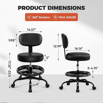 Shop Stool with Wheels for Garage, Mechanics Rolling Chair with Backrest, Adjustable Height Heavy Duty Garage Stool with Footrest and Storage Tray, Swivel Task Chair for Workshop Kitchen Salon