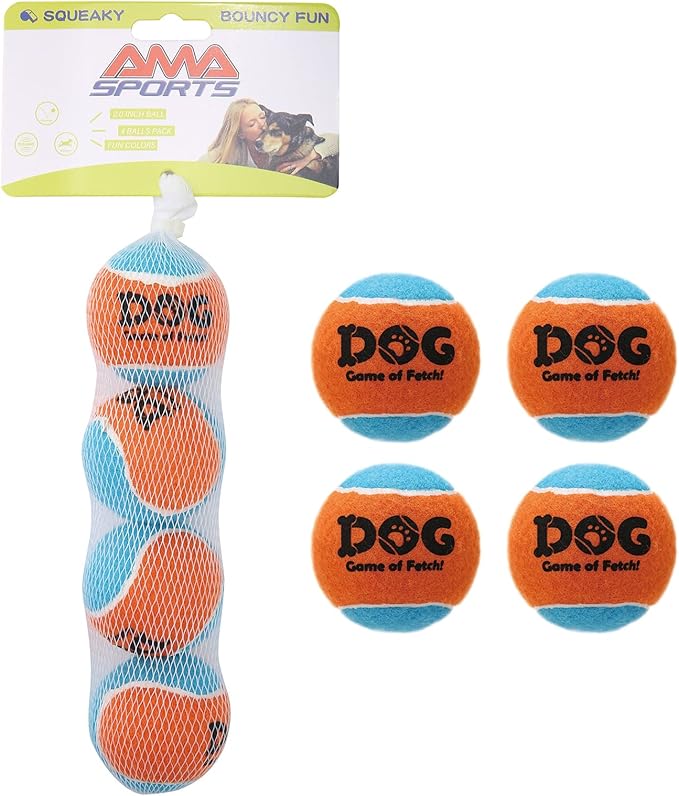 AMA SPORT Squeaky Tennis Balls for Dogs 2.0" Small Dog Tennis Balls for Throwing and Fetching Dog Toys for Training, Exercise, High Bouncing 4 Pack (Orange Light Blue)