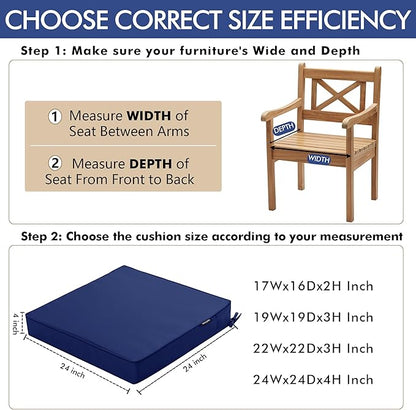 Outdoor Chair Cushions 24 x 24 Inch Waterproof Patio Chair Cushions with Tie 5 Year Color Fastness Thick Outdoor Seat Cushion for Garden Lawn Patio Furniture Navy Set of 2
