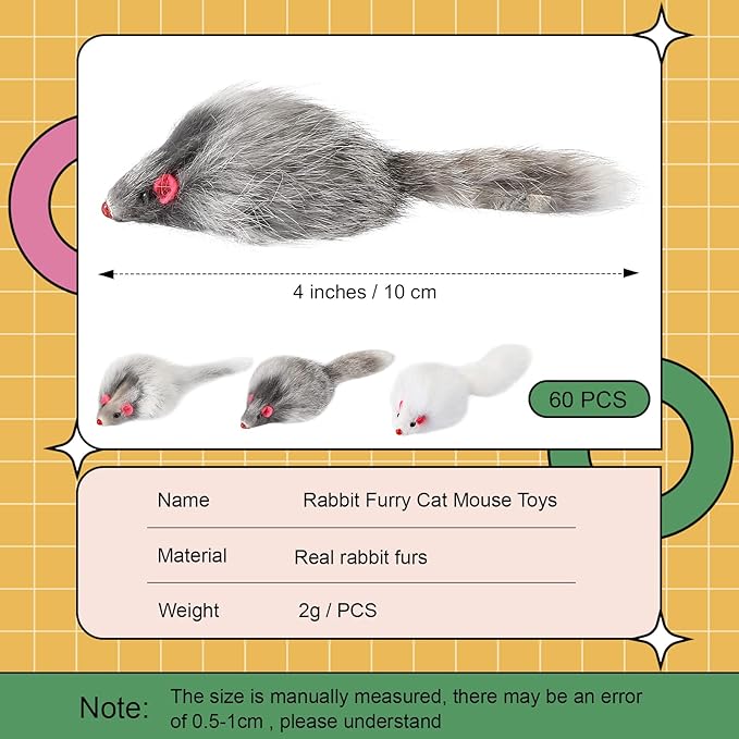 Hungdao 60 Pcs Furry Mice Interactive Catch Play Rabbit Fur Mouse Cat Toy Rattle Sound Rat Plush for PET Cats and Kittens, 3 Colors(White, Black, Gray)