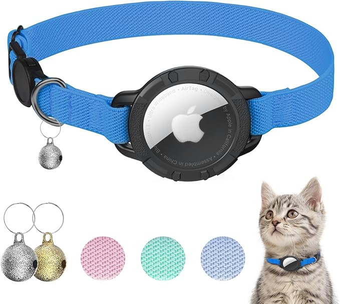 AirTag Cat Collars, Stretchy Collar with Apple AirTag Holder and Bell, Breakaway Ultra Design Elastic GPS Tracking Collars for Cats and Puppies, (7.5-12.5 Inch), Sapphire Blue