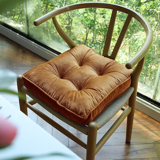 vctops Fall Soft Velvet Chair Pads with Ties Comfy Solid Seat Cushion for Dining Chairs, Office Chairs, Hardwood Floors (Dark Orange, 16"x16")