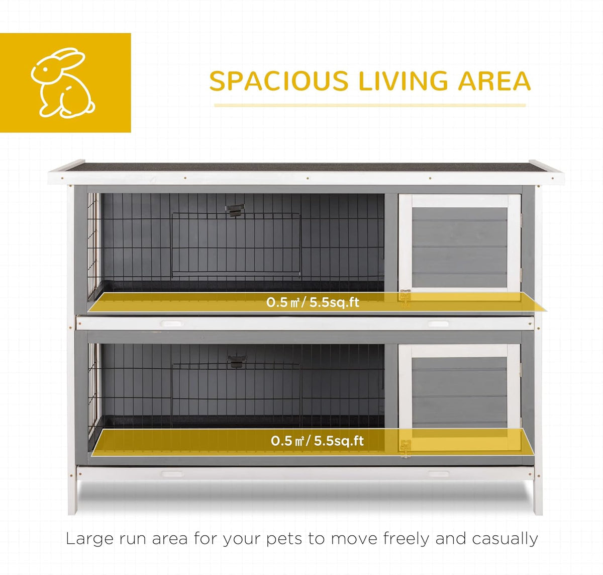 PawHut 54" 2-Story Large Rabbit Hutch Bunny Cage Wooden Pet House Small Animal Habitat with Lockable Doors, No Leak Tray and Waterproof Roof for Outdoor/Indoor Dark Grey