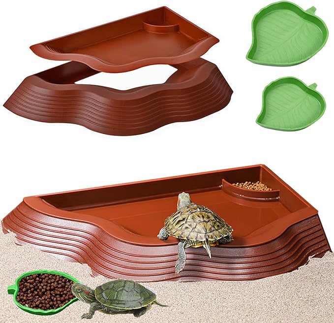 Tortoise Water Bowl with Ramp, 3PCS Leaf Reptile Food Water Bowl Turtle Pool Reptile Water Dish Tortoise Bathing Pool Turtle Soaking Dish Aquarium Habitat Accessories Large