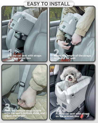 PETSFIT Small Dog Car Seat with Washable Cushion, Soft Pillow, Safety Leash | Dual Seat-rail Hooks with Adjustable Straps Help Reduce Shifting, Console Dog Car Seat for pets Under 8 lbs, Light Grey