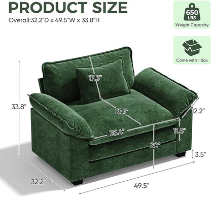 HUSFU 49.5'' W Oversized Accent Chair, Chenille Cloud Sofa Chair with Deep Seat and Extra Wide Armrests, Comfy Reading Armchair for Bedroom, Living Room, Green