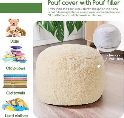HIGOGOGO Round Stuffed Pouf Ottoman, Long Faux Fur Poufs with Foam Chunk Filling, Fluffy and Furry Pouf Foot Stool Storage Ottoman, 20 X 15 Floor Poufs Foot Rest for Living Room, Beige