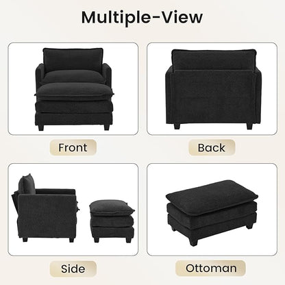 ROWHY Convertible Sectional Couch with Ottoman, Single Armchair with armrests, Modern Living Room Furniture Set, Small Couches for Small Spaces, for Living Room, Chenille, Black