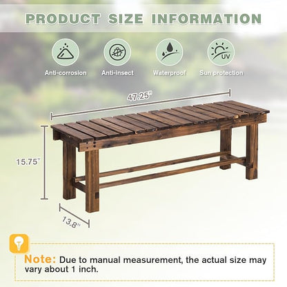 LSPYYDS Outdoor Garden Bench, 3-Person Wood Patio Bench Weatherproof Outdoor Backless Bench, Anti-Corrosion and Anti-Rust Garden Benches for Garden Lawn Porch Park Backyard (Carbonized,47.25''/120cm)