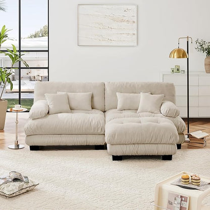 94.4" Loveseat Sofa, 2 Seater Modular Sectional Sofa, Beige Large L Shaped Sectional Fluffy Couch, Chenille Cloud Couch with Ottoman, Deep Seat Sofas for Living Room