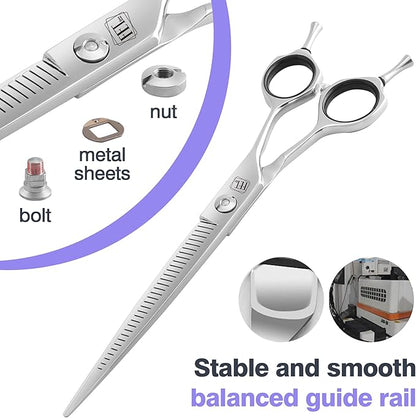 Professional Curved Thinning Scissors for Dog Grooming, 30-Degree Curvature, Japanese 440C for Trimming Dogs Cats and Other Pets face and paws (Pointy-tongued Blender)