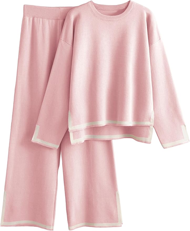 Tanming Women's 2 Piece Outfits Long Sleeve Knit Sweater Top Wide Leg Pants Lounge Sets Tracksuits