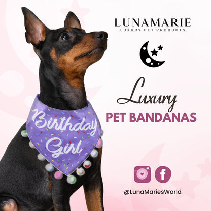 LunaMarie - Luxury Pet Birthday Bandanas -Premium & Silky Poly Fabric | 100% Handmade | Custom Shape Dual Layered (Birthday Girl Purple, Small)